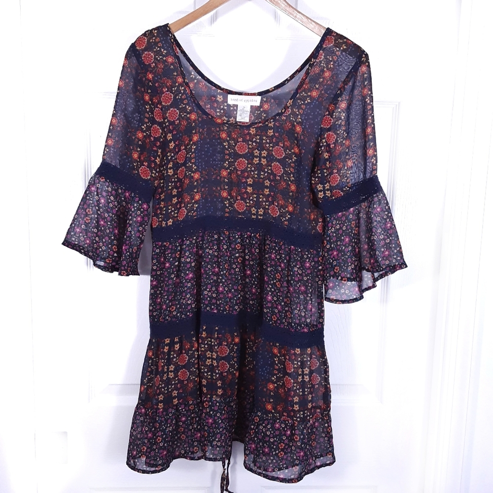 Band of Gypsies Sheer Top Crochet Statement Sleeve Boho Floral Tunic Blue XS